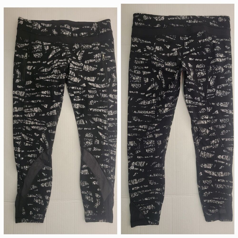 Lululemon Inspire Leggings Womens 10 High Rise Drawstring Black White Prints 25"